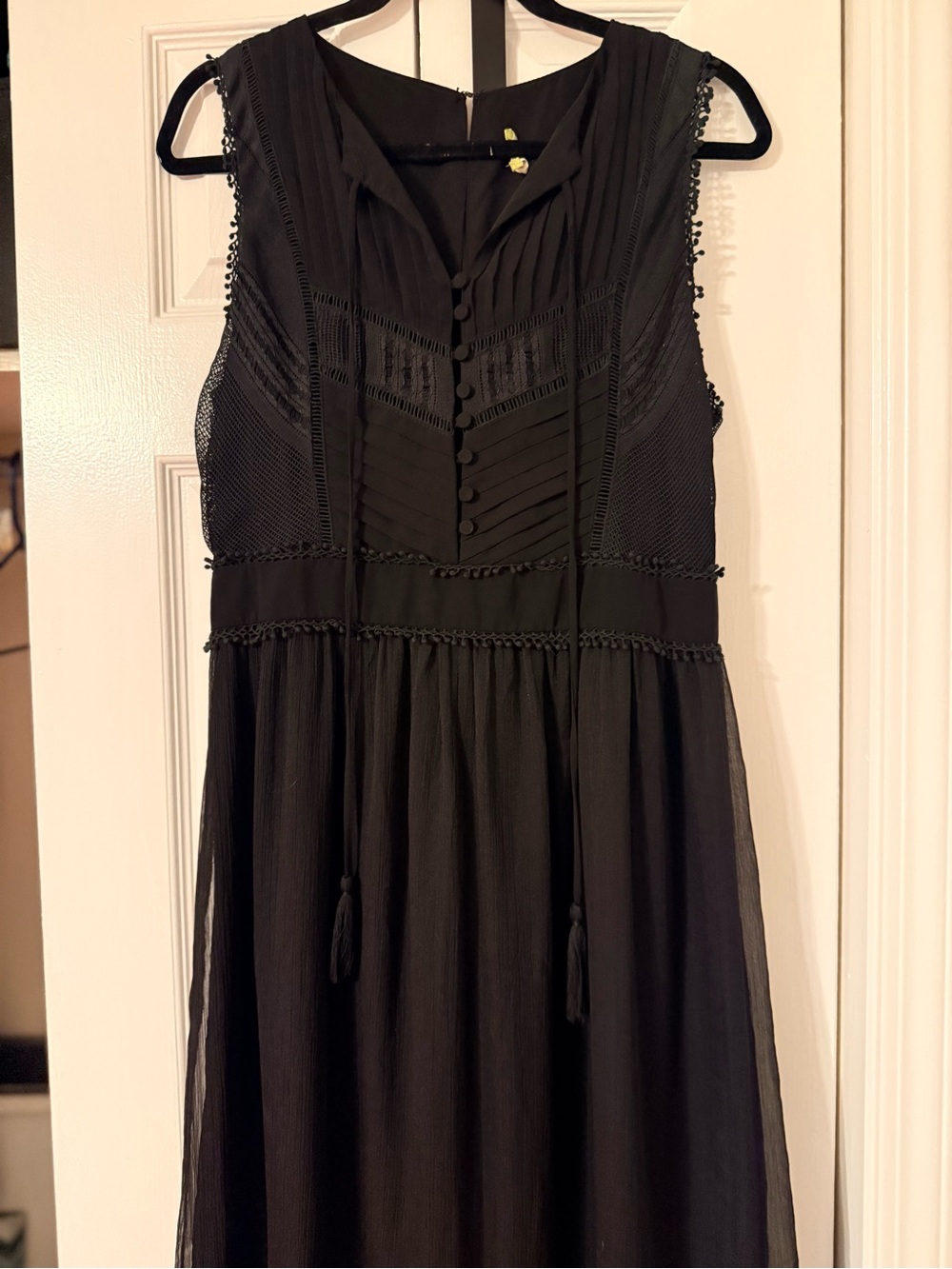 Gianni Bini Black Lace Mesh Maxi Dress L Boho Tassel Tiered Romantic